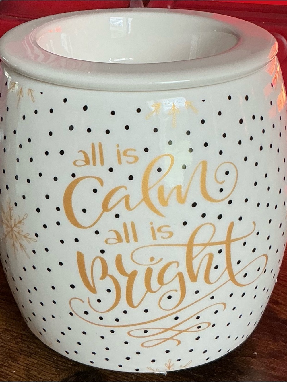 Pink Zebra White Ceramic Warmer with Gold Script and Black Dots